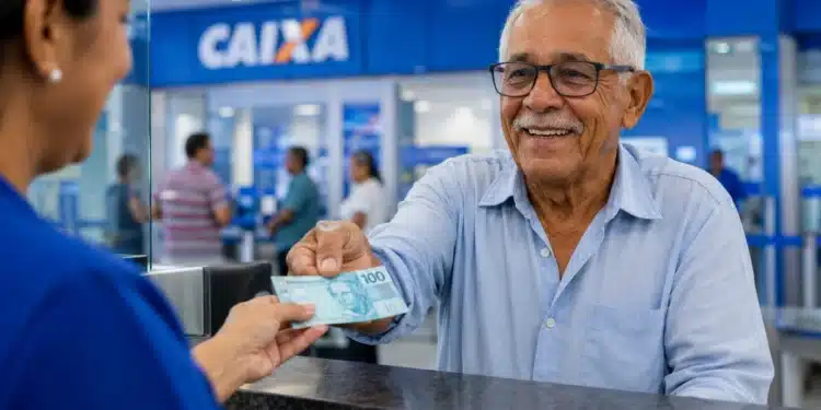 Idoso sorridente recebe dinheiro em atendimento bancário na Caixa, representando o pagamento de R$ 1.621 do INSS em junho.