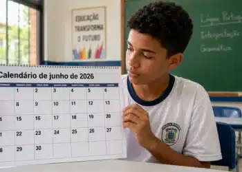 Estudante em sala de aula segurando calendário de junho de 2026, representando o cronograma de pagamentos do Pé-de-Meia deste mês.