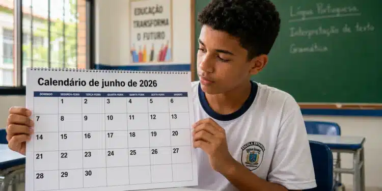 Estudante em sala de aula segurando calendário de junho de 2026, representando o cronograma de pagamentos do Pé-de-Meia deste mês.
