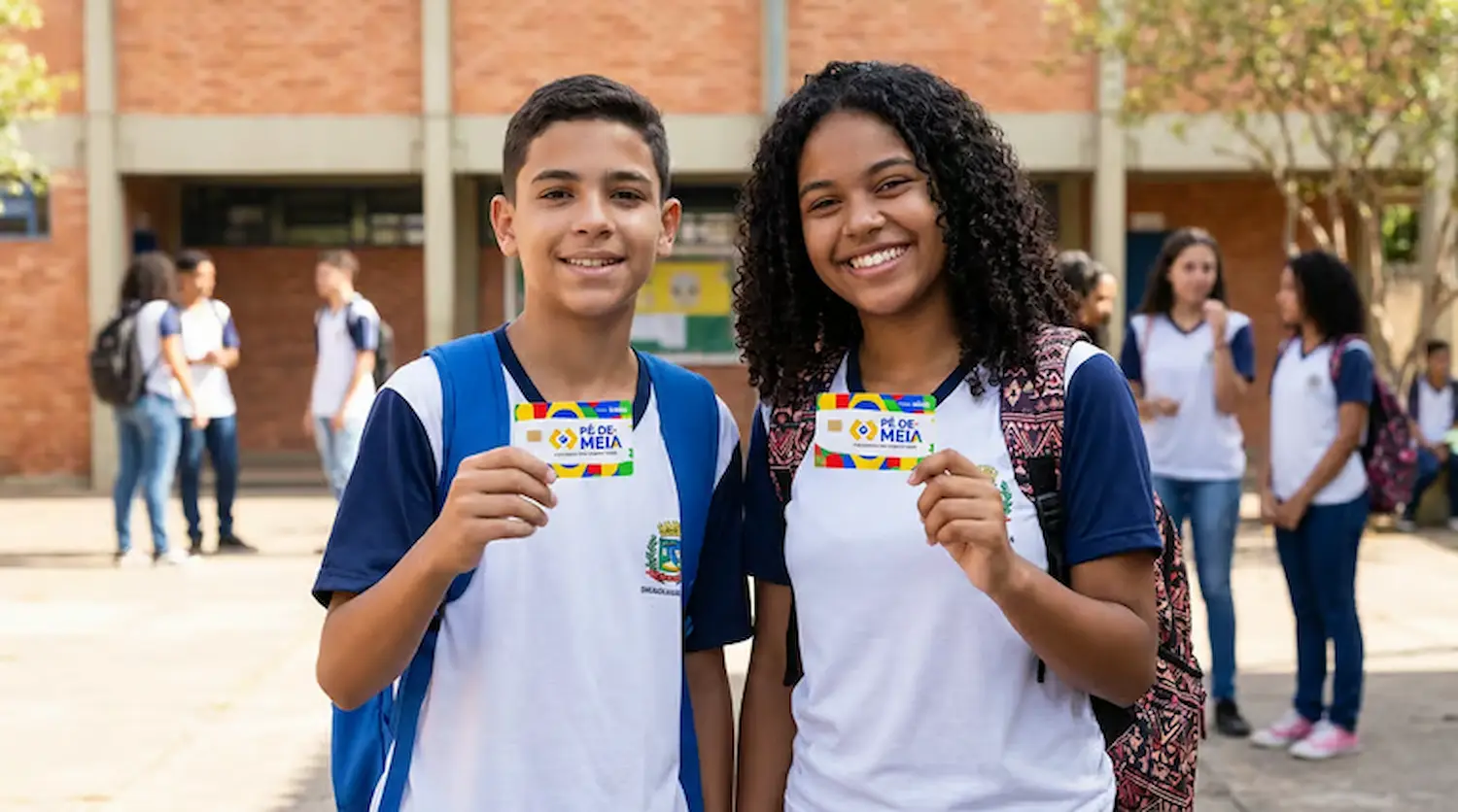 Dois estudantes uniformizados seguram cartões do Pé-de-Meia em frente a uma escola.