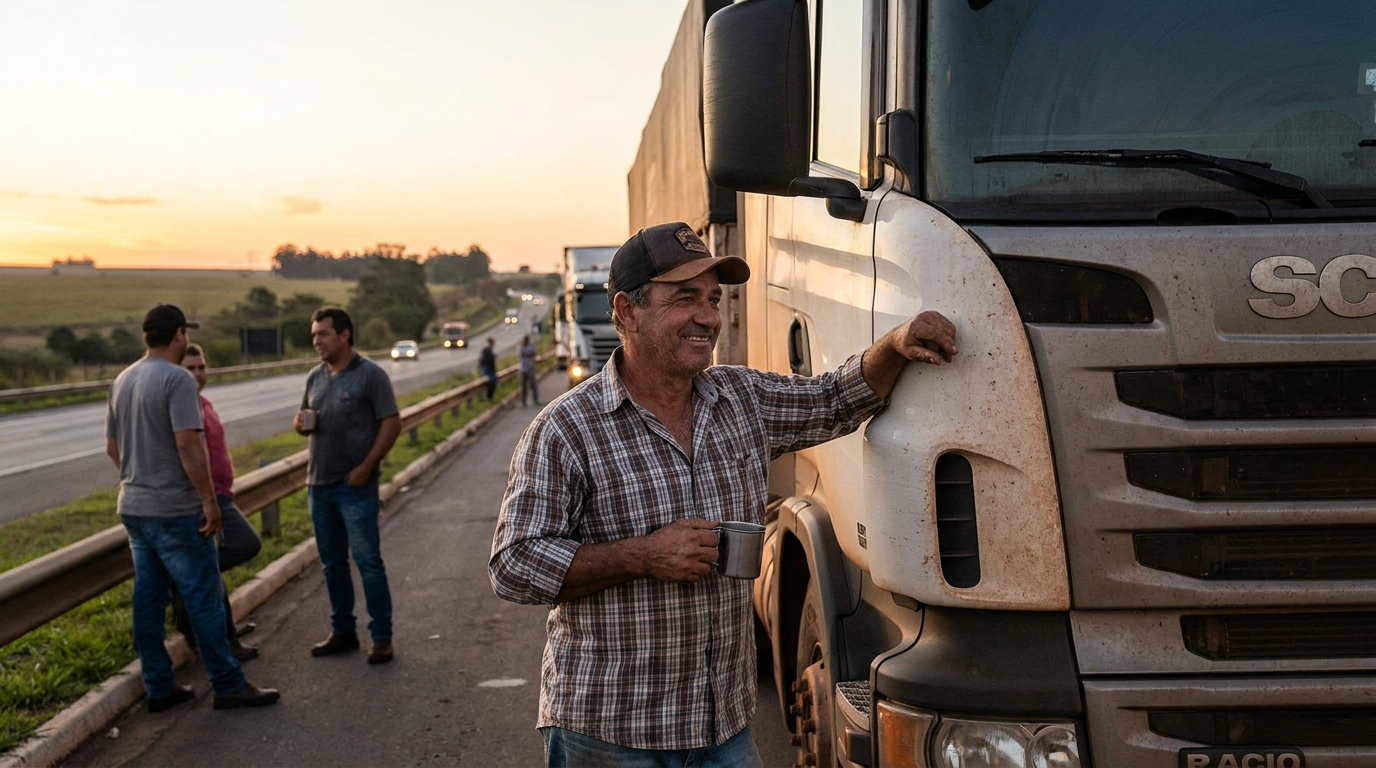Caminhoneiro com boné e camisa xadrez apoia-se em caminhão Scania, sorrindo, segurando caneca à beira de estrada.