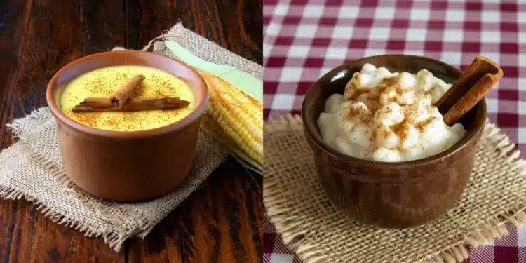 Duas tigelas de sobremesa de milho em destaque, representando canjica e mungunzá, com canela em pau e acabamento rústico em ambiente de festas juninas.