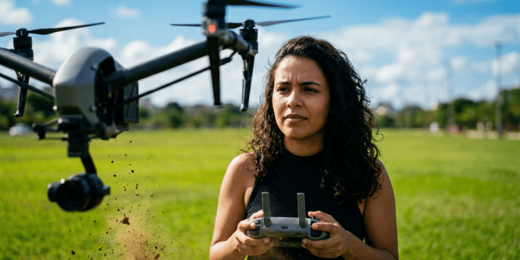 Mulher opera um drone com controle remoto em campo aberto, representando a carreira de piloto de drone que pode pagar mais de R$ 10 mil