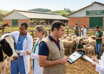 Veterinários e pesquisadores analisam vaca e ovelhas ao ar livre em centro agropecuário.