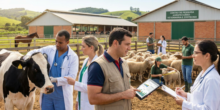 Veterinários e pesquisadores analisam vaca e ovelhas ao ar livre em centro agropecuário.