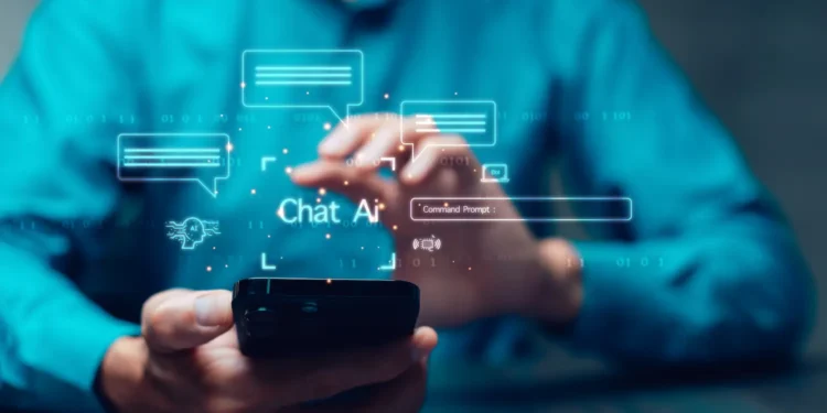 Homem utilizando smartphone com interface de inteligência artificial e elementos visuais de mensagens flutuantes, representando o novo modo de voz do ChatGPT.