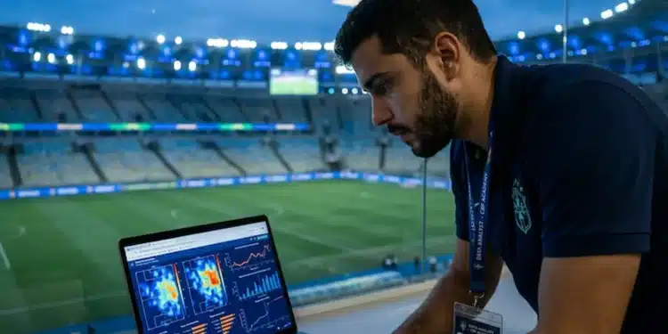 Analista de dados esportivos acompanhando métricas em tempo real em um estádio de futebol moderno.