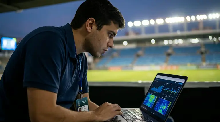 Profissional de análise esportiva utilizando dashboard de dados em tempo real dentro de um estádio de futebol.