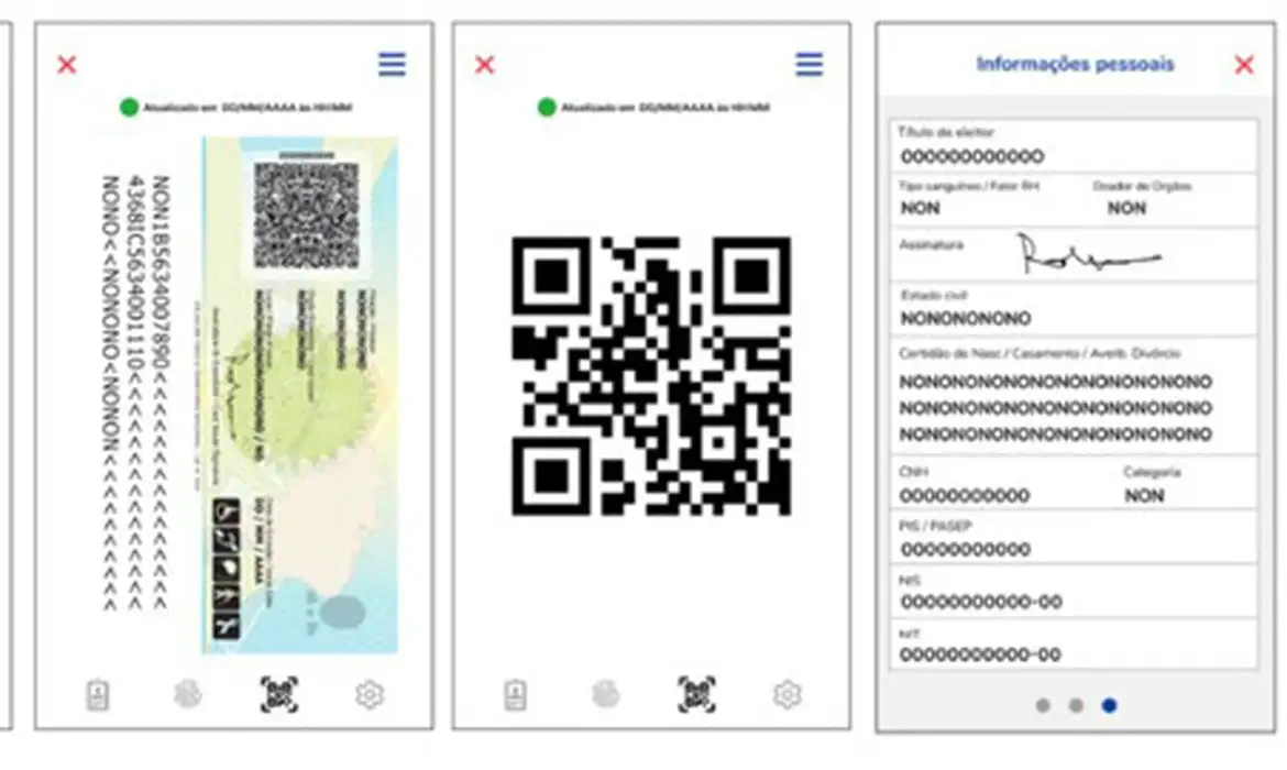 CIN digital Tela do celular exibindo a Carteira de Identidade Nacional digital com QR Code e informações pessoais do cidadão.
