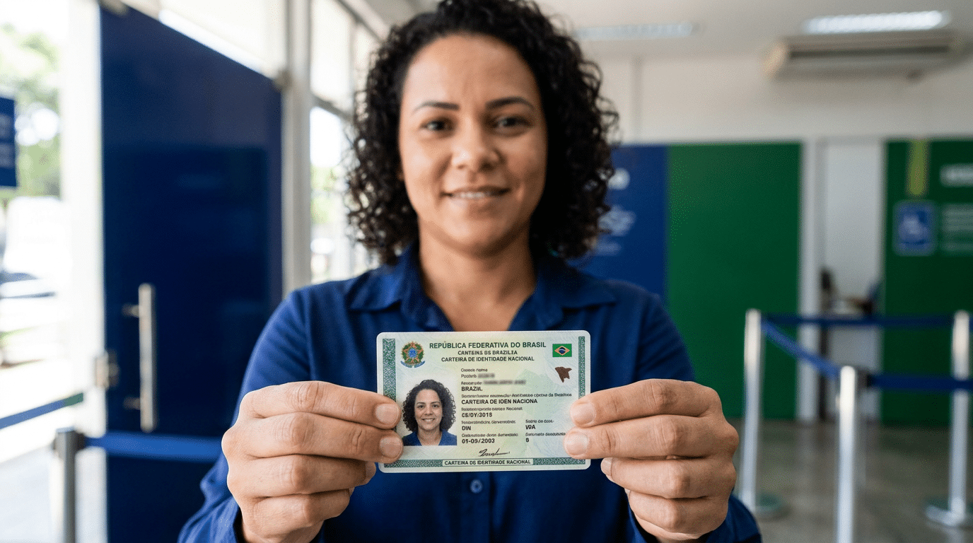 Mulher exibe a Carteira de Identidade Nacional em frente a um balcão de atendimento.