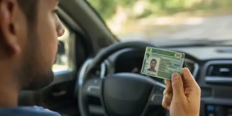 Motorista brasileiro segurando a CNH dentro de um carro moderno, destacando o documento e a mão do condutor, com interior desfocado ao fundo.