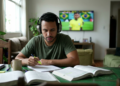 Homem estuda com fones e caderno enquanto um jogo da Seleção Brasileira passa na TV ao fundo