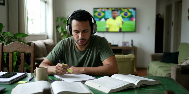 Homem estuda com fones e caderno enquanto um jogo da Seleção Brasileira passa na TV ao fundo