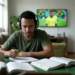 Homem estuda com fones e caderno enquanto um jogo da Seleção Brasileira passa na TV ao fundo