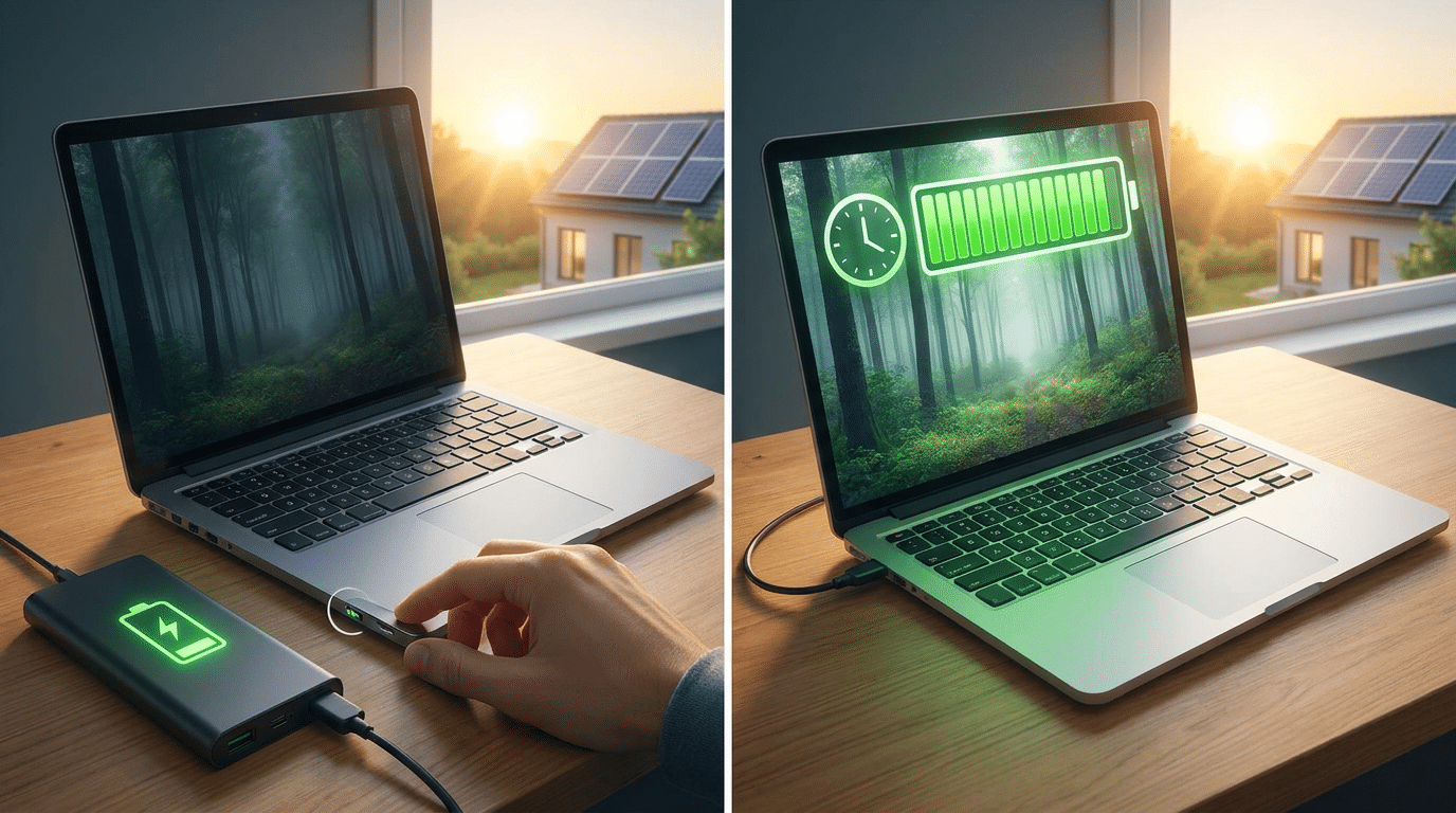 Laptop com tela mostrando bateria cheia e relógio, casa com painel solar, sol poente.
