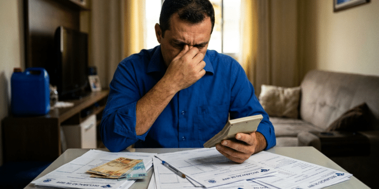 Homem demonstra preocupação enquanto faz contas com calculadora cercado por formulários da declaração de Imposto de Renda