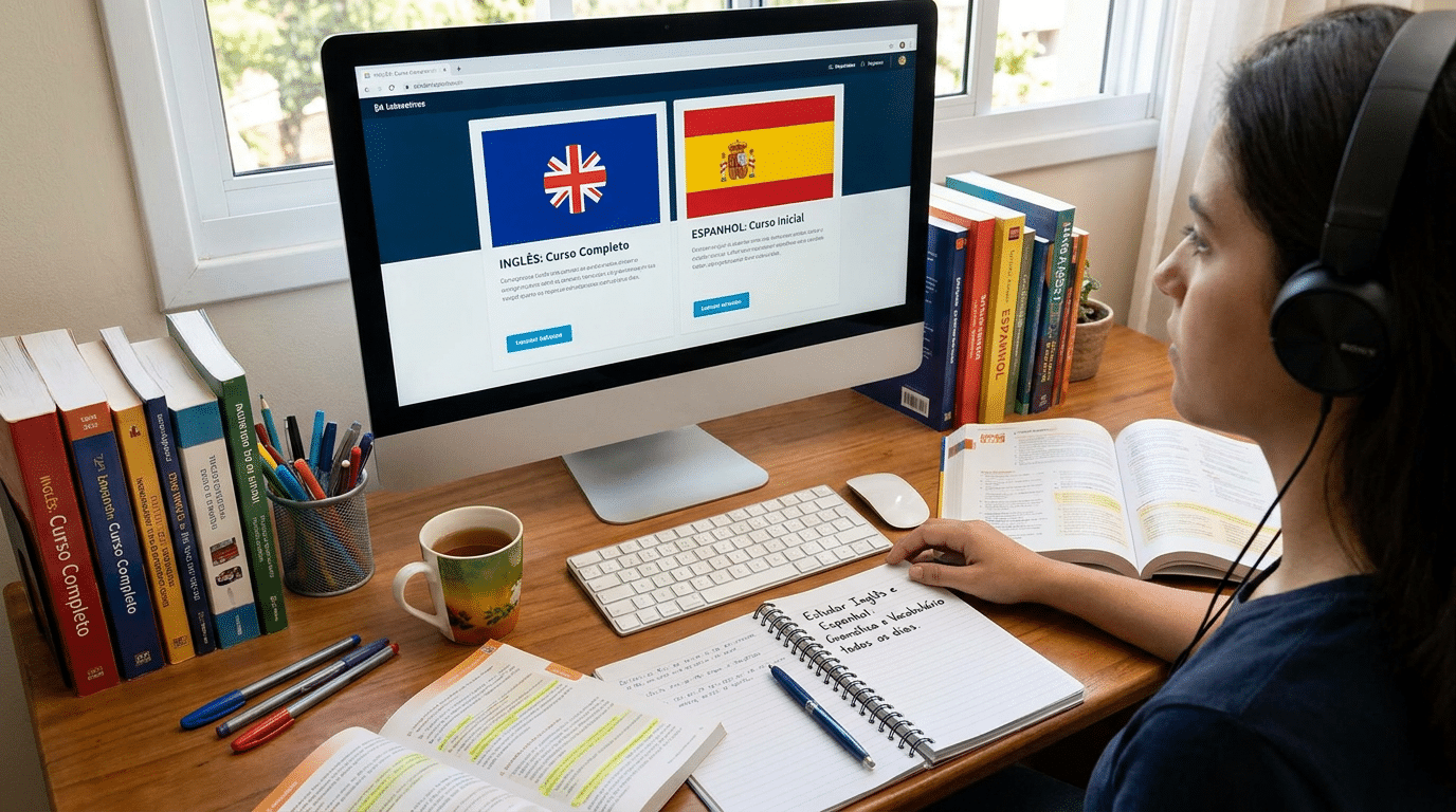 Mulher de fone ao computador entre livros de idiomas, estudando inglês e espanhol online.