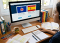 Mulher de fone ao computador entre livros de idiomas, estudando inglês e espanhol online.