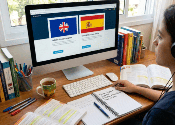 Mulher de fone ao computador entre livros de idiomas, estudando inglês e espanhol online.