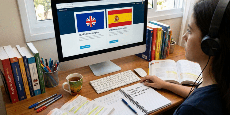 Mulher de fone ao computador entre livros de idiomas, estudando inglês e espanhol online.