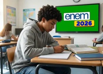 Estudante fazendo anotações em sala de aula com destaque para Enem 2026.