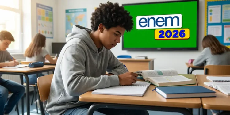 Estudante fazendo anotações em sala de aula com destaque para Enem 2026.