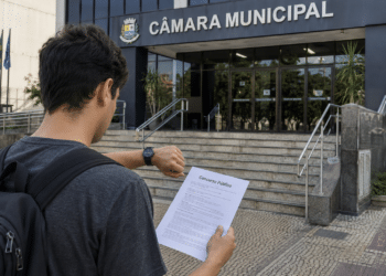 Candidato consulta relógio em frente à Câmara Municipal segurando documento de concurso público.