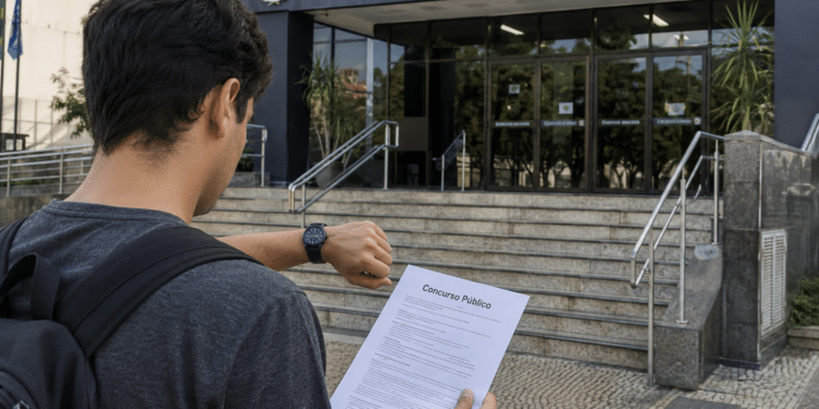 Candidato consulta relógio em frente à Câmara Municipal segurando documento de concurso público.