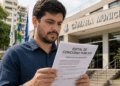 Homem lendo edital de concurso público em frente à Câmara Municipal em ambiente urbano.
