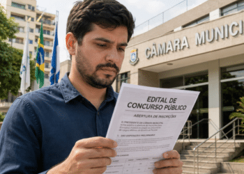 Homem lendo edital de concurso público em frente à Câmara Municipal em ambiente urbano.