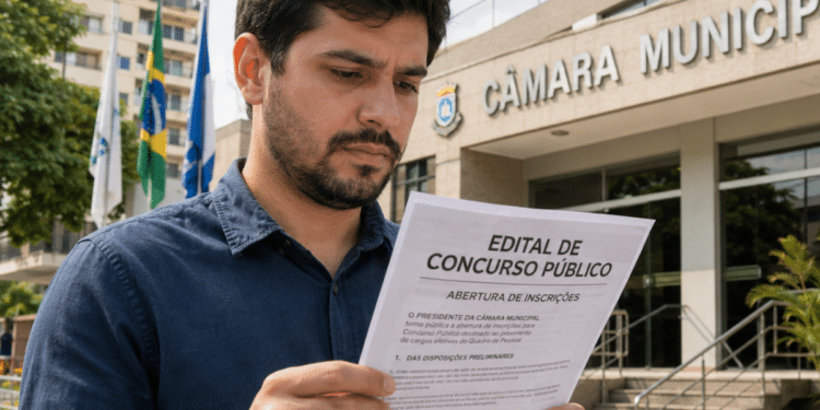 Homem lendo edital de concurso público em frente à Câmara Municipal em ambiente urbano.