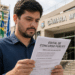 Homem lendo edital de concurso público em frente à Câmara Municipal em ambiente urbano.