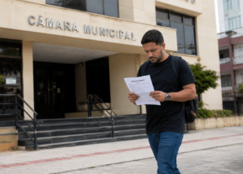 Homem lê edital de concurso público em frente à Câmara Municipal.