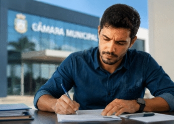 Homem jovem de camisa azul escura se inscrevendo para o concurso da Câmara Municipal de Reserva (PR) com caneta azul em mesa, com prédio da Câmara Municipal ao fundo.