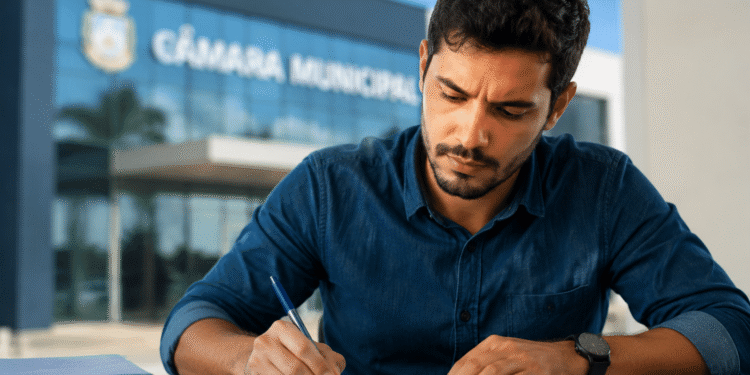 Homem jovem de camisa azul escura se inscrevendo para o concurso da Câmara Municipal de Reserva (PR) com caneta azul em mesa, com prédio da Câmara Municipal ao fundo.