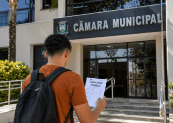 Candidato com mochila segura documento de concurso público em frente à Câmara Municipal.