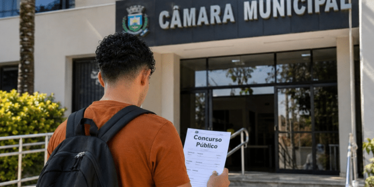 Candidato com mochila segura documento de concurso público em frente à Câmara Municipal.