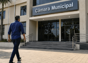 Homem caminhando em direção à entrada da Câmara Municipal em área urbana durante o dia.