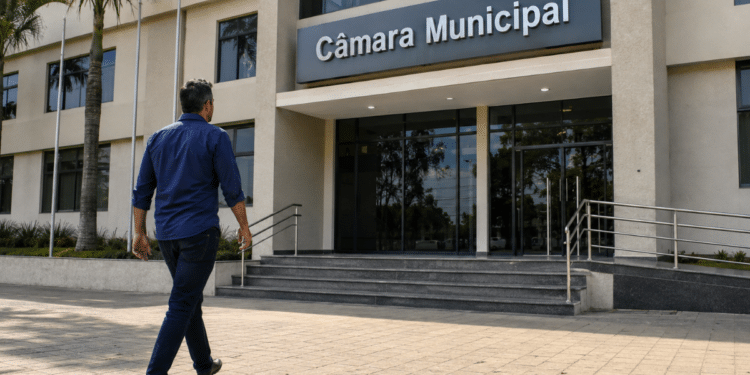 Homem caminhando em direção à entrada da Câmara Municipal em área urbana durante o dia.