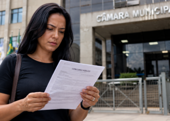 Mulher adulta lê edital de concurso público na entrada da Câmara Municipal, com expressão séria.