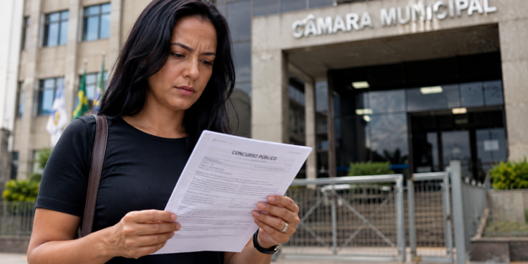 Mulher adulta lê edital de concurso público na entrada da Câmara Municipal, com expressão séria.