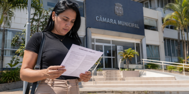 Mulher lê documento de concurso público em frente à Câmara Municipal, representando inscrições para vagas de nível fundamental e médio.