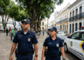 Dois guardas municipais uniformizados andando ao lado de viatura na rua arborizada do centro histórico.