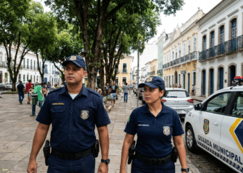 Dois guardas municipais uniformizados caminham ao lado de viatura na praça com casarões antigos.