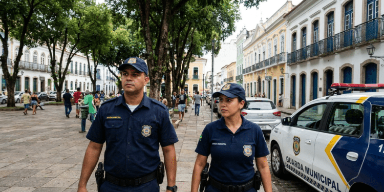 Dois guardas municipais uniformizados caminham ao lado de viatura na praça com casarões antigos.