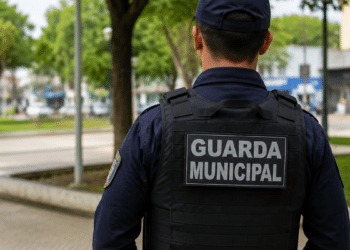 Guarda municipal de costas em ambiente urbano representando concurso público com vagas abertas.