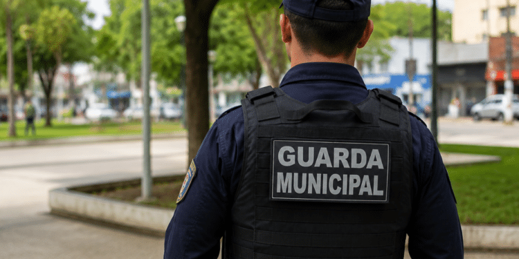 Guarda municipal de costas em ambiente urbano representando concurso público com vagas abertas.