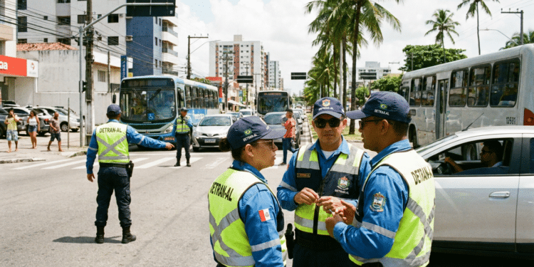Quatro agentes de trânsito do DETRAN-AL com uniforme azul e colete amarelo, conversam em avenida de Maceió.