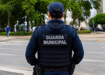 Agente da Guarda Municipal de costas em via pública durante patrulhamento.