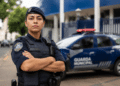 Mulher da Guarda Municipal de braços cruzados, farda azul-marinho e colete tático, viatura azul ao fundo.
